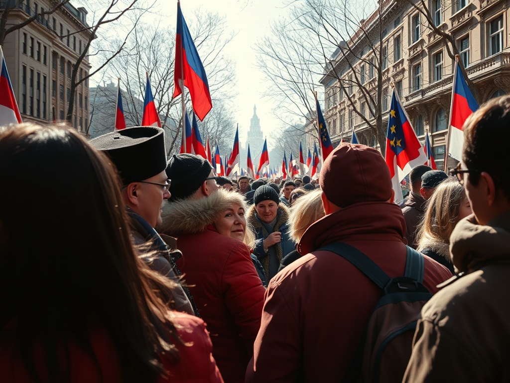 Толпа людей на улице, держащих российские флаги, некоторые улыбаются и общаются друг с другом.