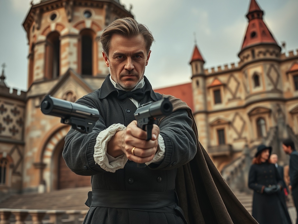 Человек в костюме с пистолетами направлен вперед, на фоне исторического здания. Внимание и напряжение в воздухе.
