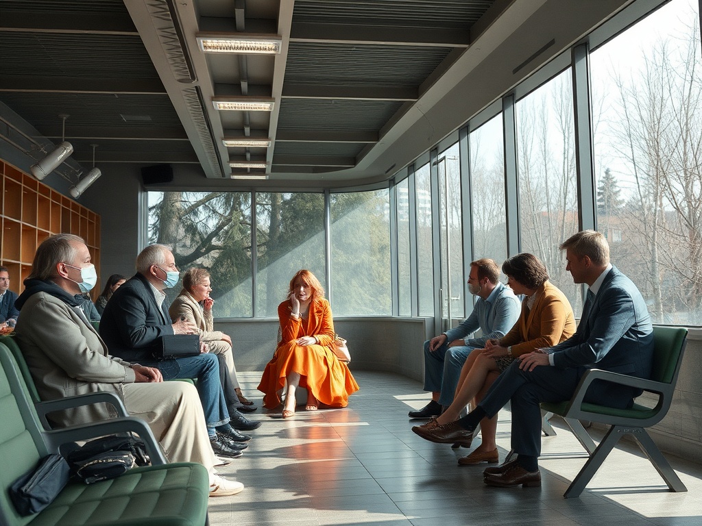 Группа людей в деловой встрече в светлом помещении с большими окнами, яркий свет и обсуждение.