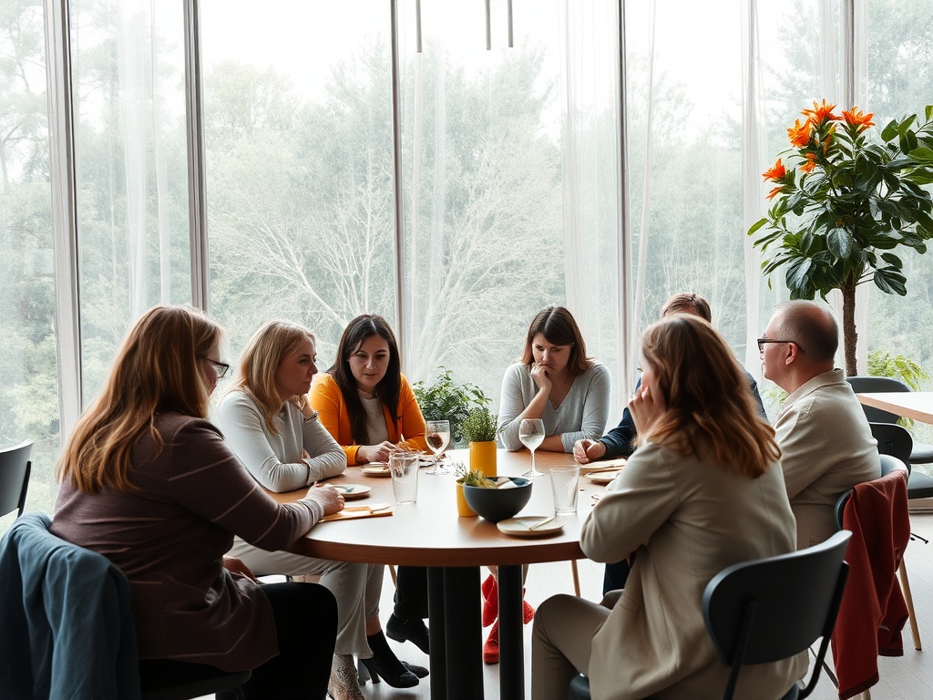Группа людей обсуждает что-то за круглым столом в светлом помещении с большими окнами.