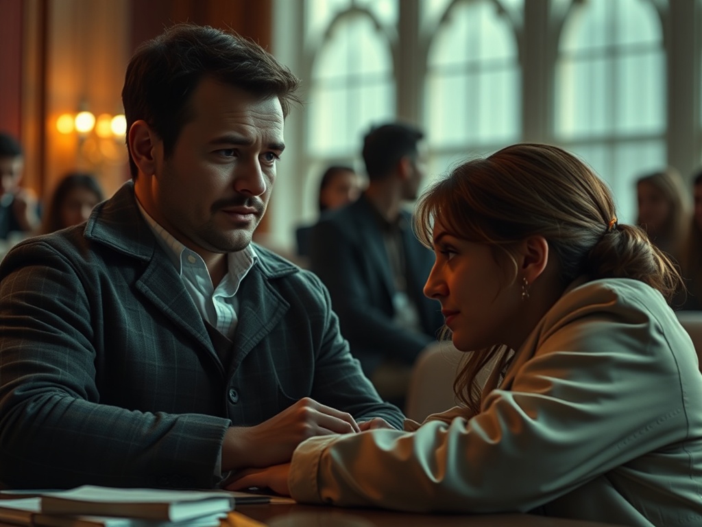 Пара сидит за столом, обсуждая что-то важное, их взгляды полны эмоций. Вокруг люди в ожидании.