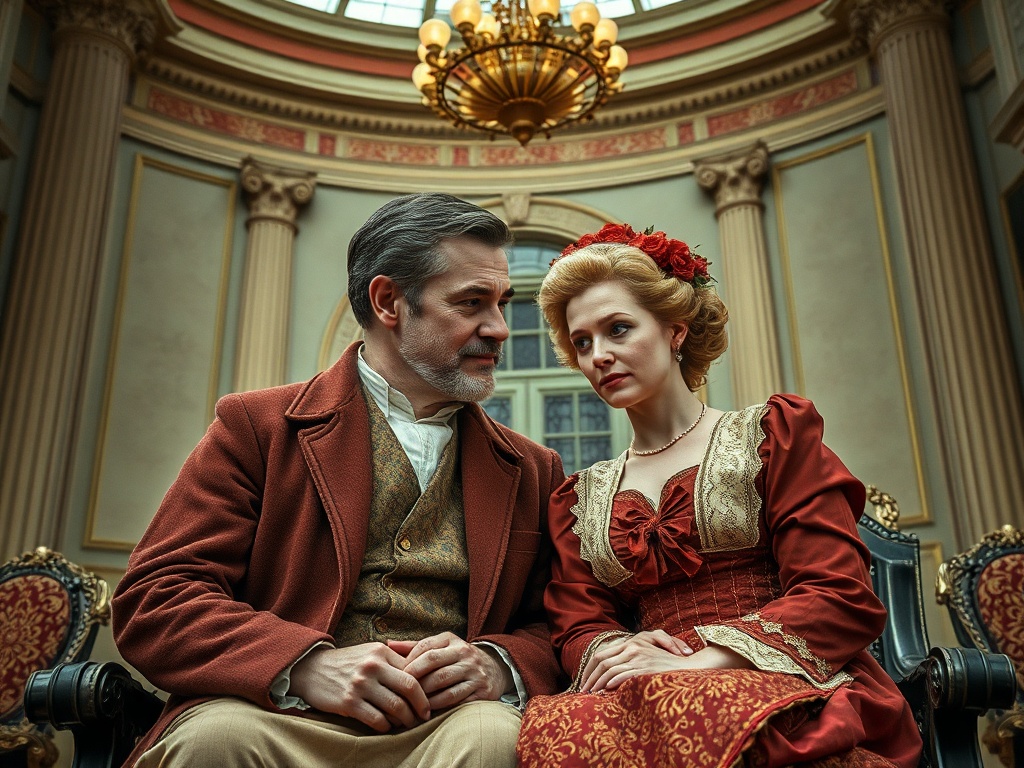 Два человека в исторических костюмах сидят рядом в роскошном помещении, обсуждая что-то важное.
