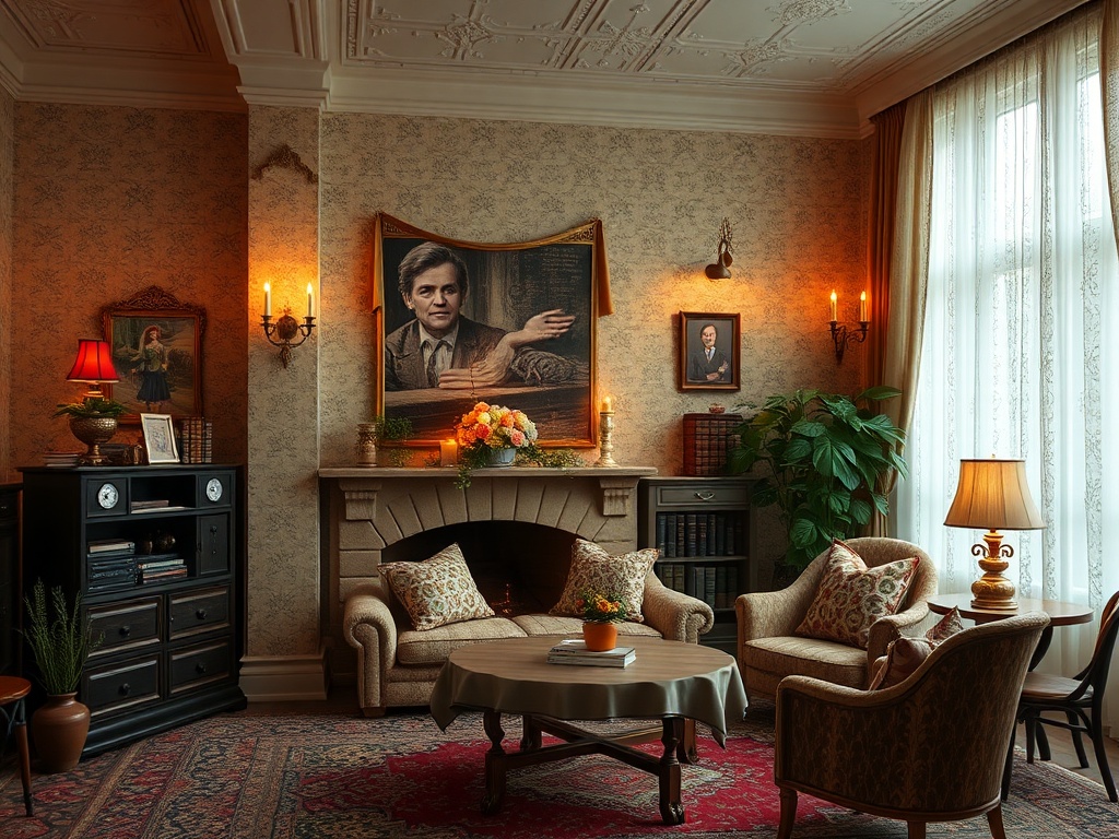 Комната с уютной атмосферой, картинами на стенах и красивой мебелью, освещённая вечерним светом.