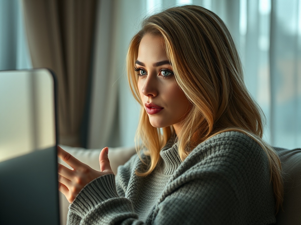 Молодая женщина с длинными светлыми волосами смотрит в экран компьютера, задумчиво прикоснувшись к губам.