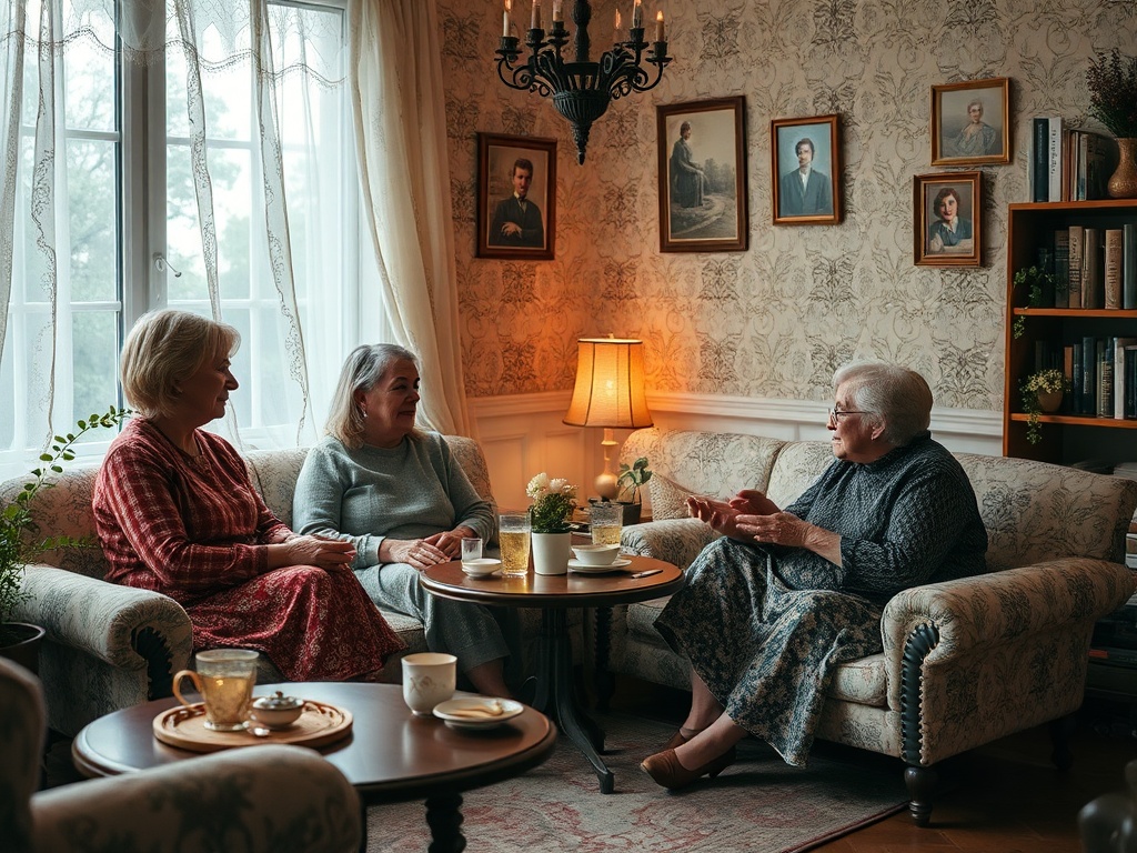 Три женщины беседуют в уютной комнате, окружённые фотографиями и мягким светом лампы. На столе чашки и подносы.