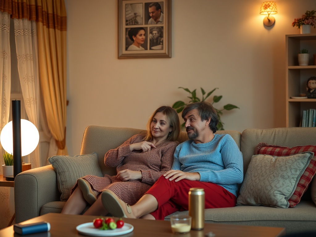 Пара уютно сидит на диване, смотрит телевизор и наслаждается компанией друг друга в домашней обстановке.