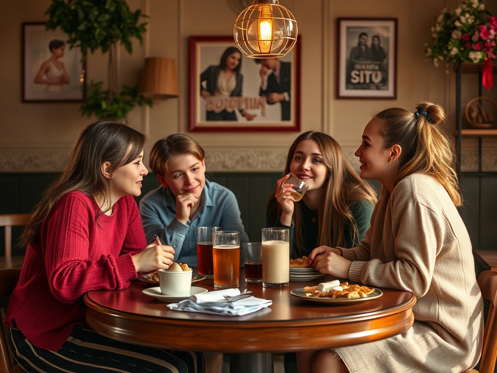 Четыре девушки беседуют и смеются за столом в уютном кафе, наслаждаясь завтраком и напитками.