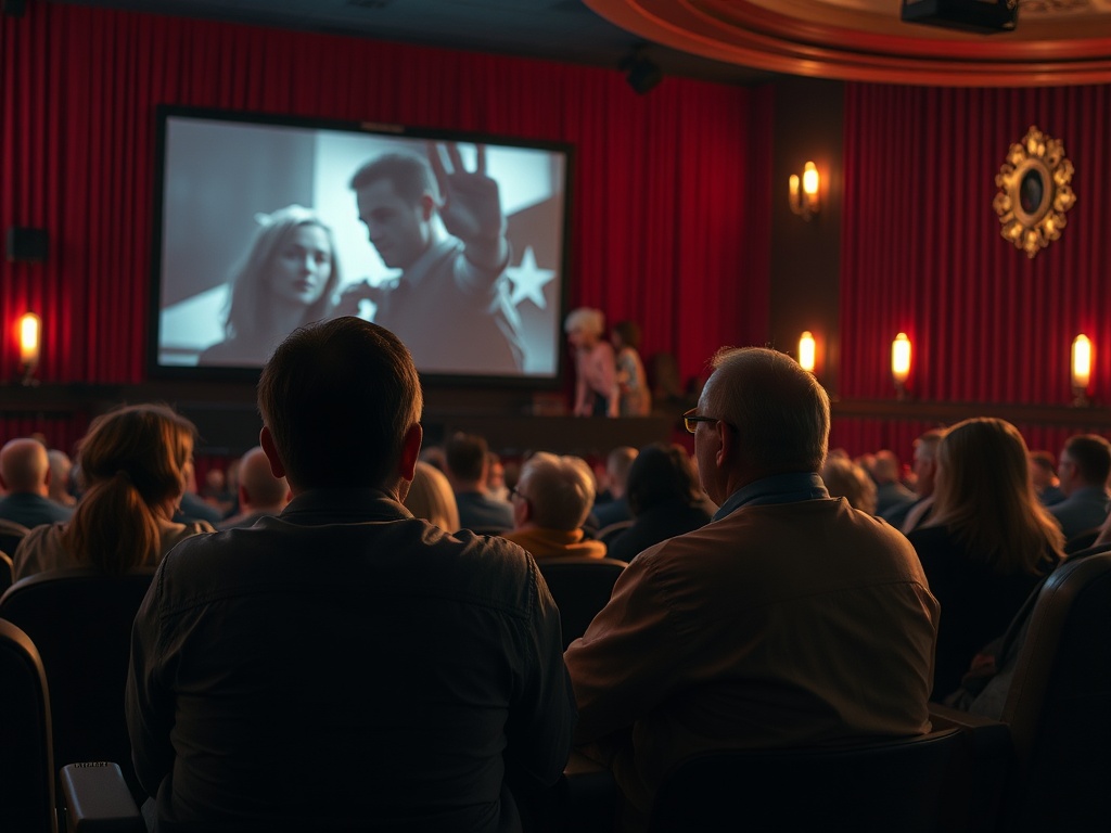 В аудитории кинотеатра зрители смотрят на экран, где идет черно-белый фильм. Атмосфера сосредоточенная.