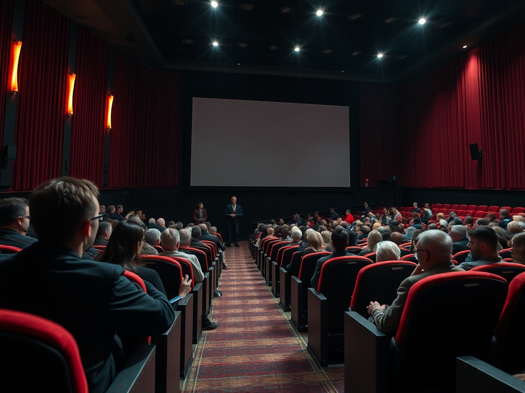 Зал кинотеатра, заполненный зрителями, на сцене стоит говорящий человек, экран выключен.