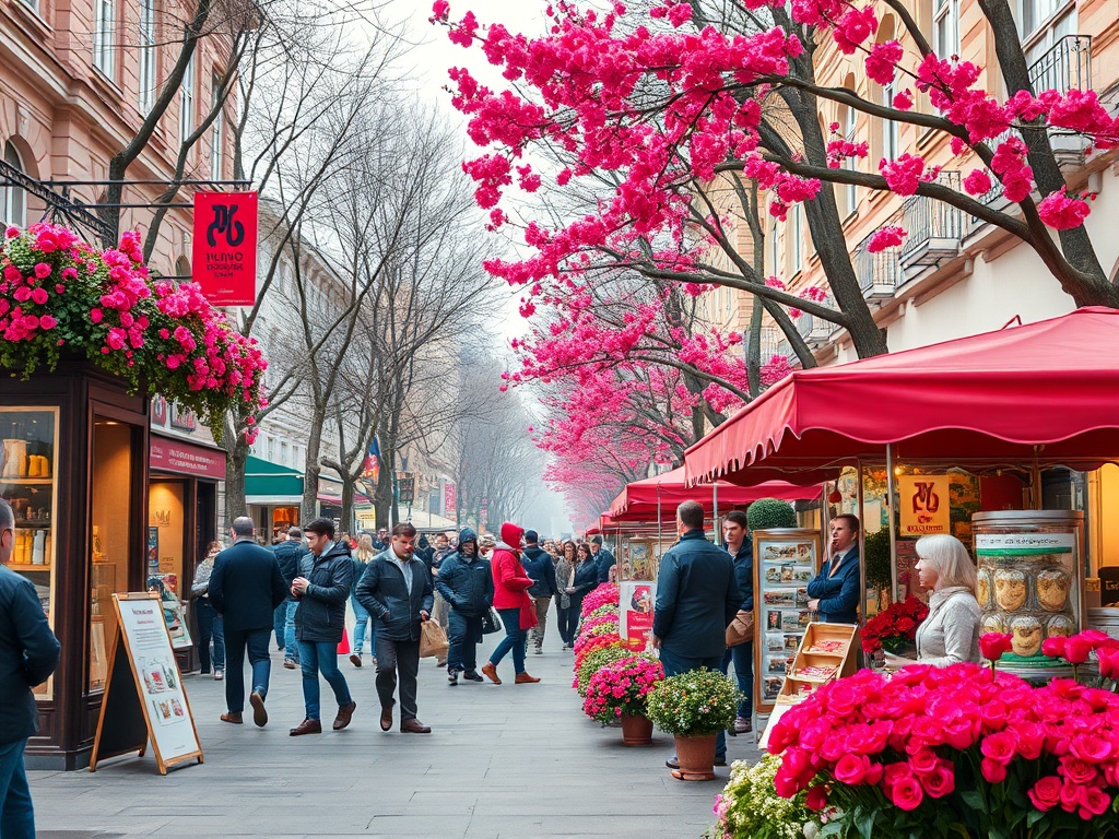 Улица с людьми, цветущими деревьями и яркими прилавками с товарами в весенний день.