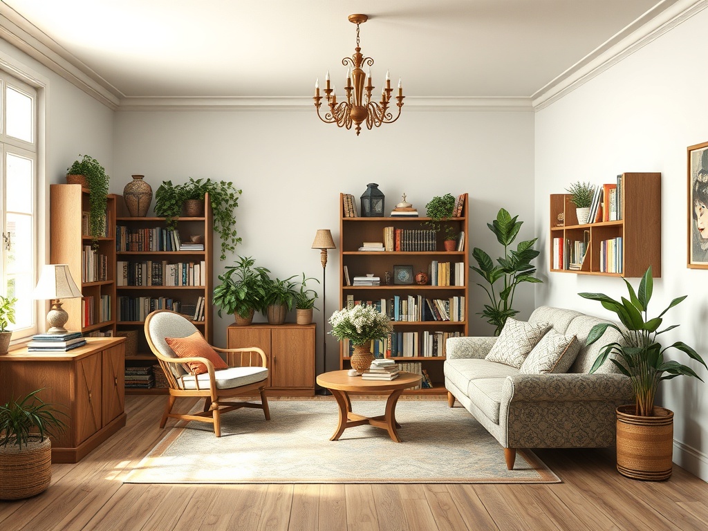 Современная гостиная с книжными полками, мягкой мебелью и зелеными растениями в светлом интерьере.
