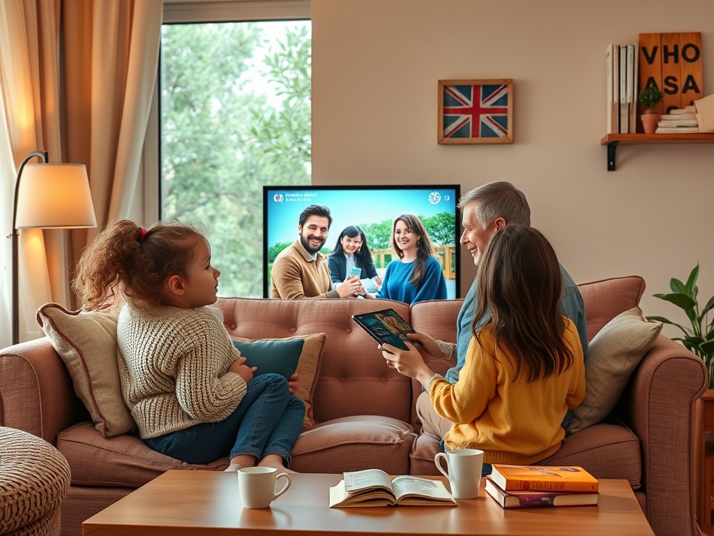 Семья на диване смотрит телевизор, рядом дети с книгами и чашками, уютная домашняя обстановка.