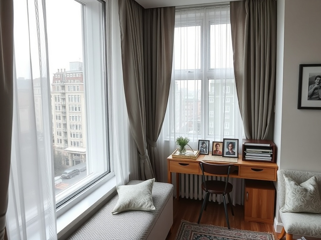 Уютный уголок с рабочим столом у окна, фоторамками и мягким диваном. Вид на город через прозрачные занавески.