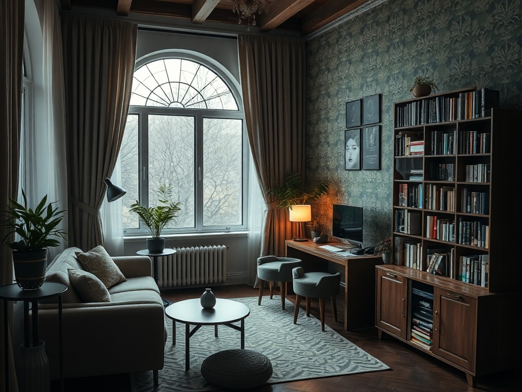 Уютная гостиная с большими окнами, книжным шкафом и мягкой мебелью в спокойных тонах.