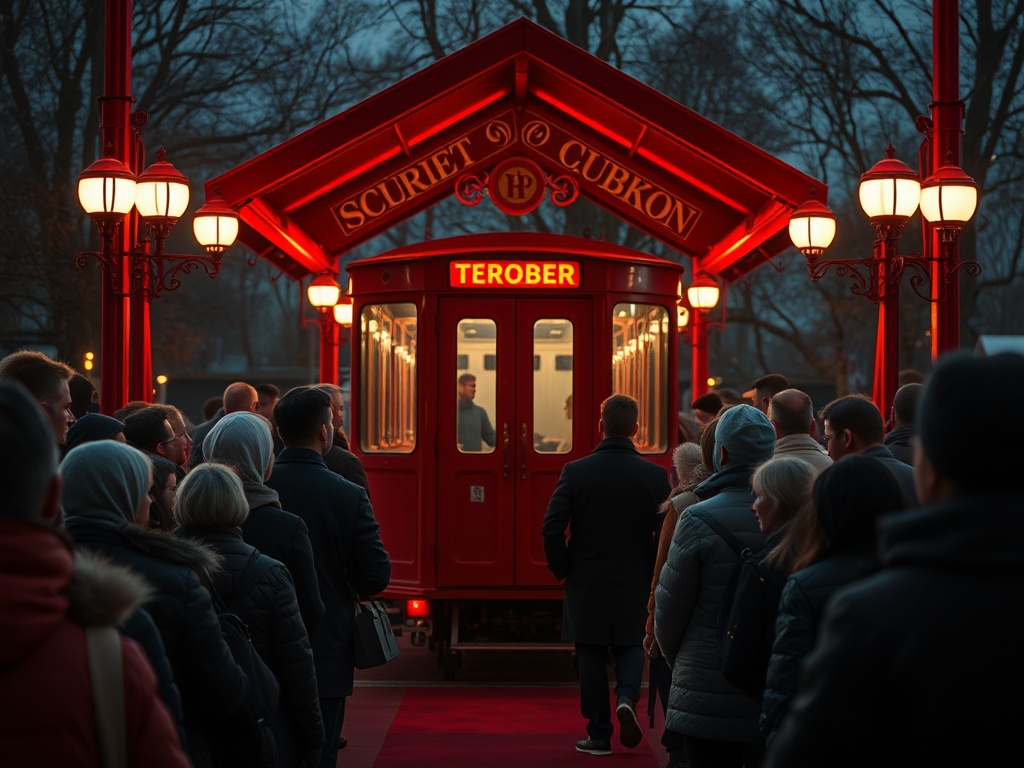 На сцене вечерний пейзаж: красный трамвай и очередь людей под светом фонарей.