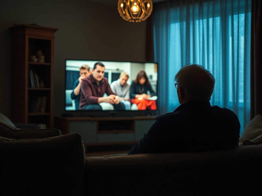 Пожилой человек сидит на диване и смотрит телевизор, освещенный мягким светом комнатной лампы.