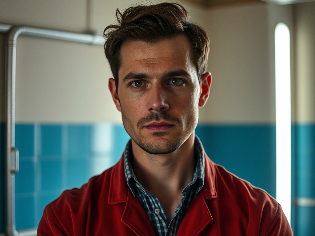 Портрет молодого человека в красном халате на фоне синей стены, смотрящего прямо в камеру.