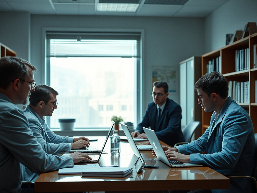 Четыре человека в офисе работают за ноутбуками, обсуждая документы и идеи. Светлый кабинет с окнами.