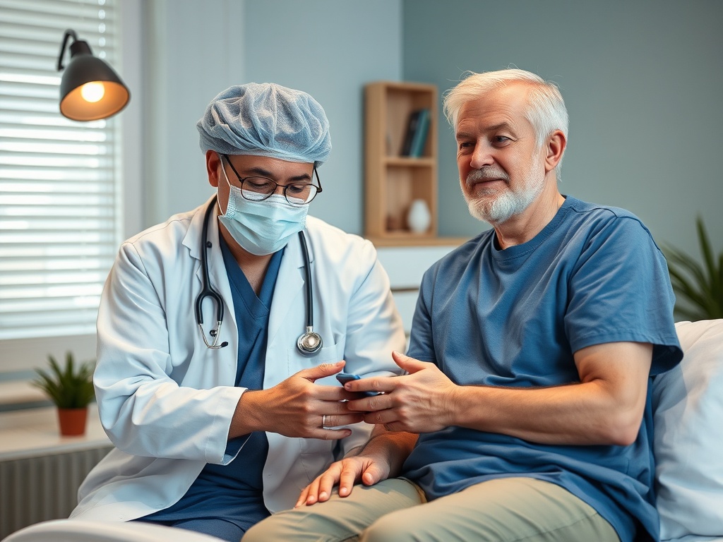 Врач в медицинском халате и пожилой мужчина обсуждают результаты обследования.