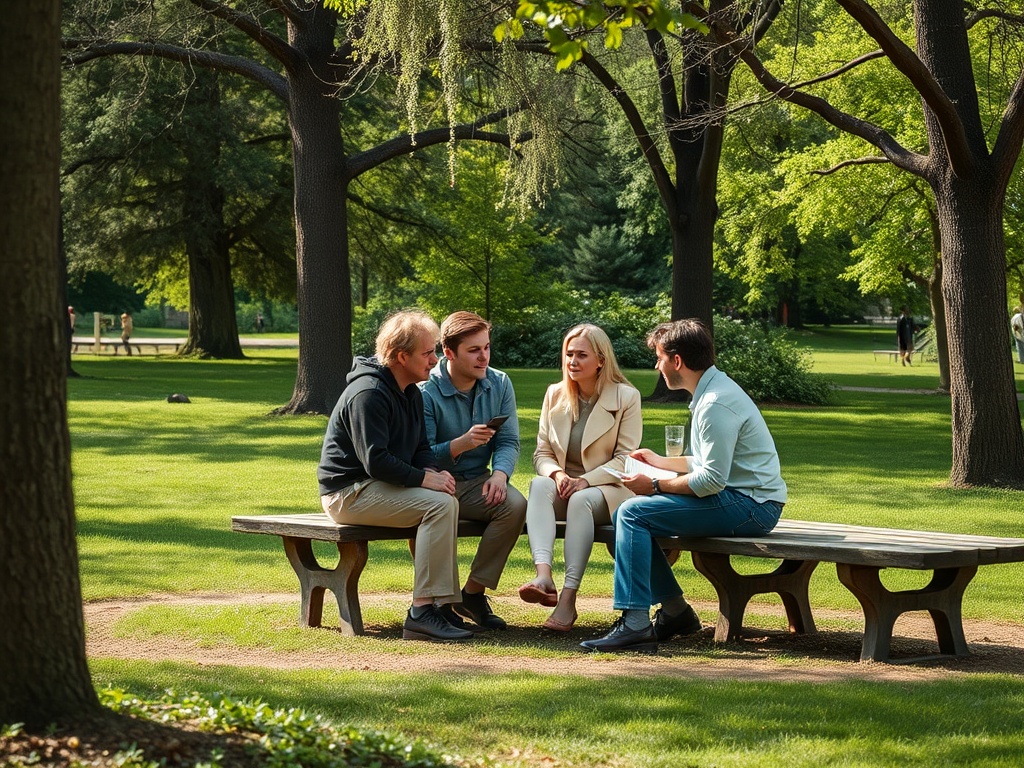 Четыре человека сидят на скамейке в парке и общаются в тёплый солнечный день.