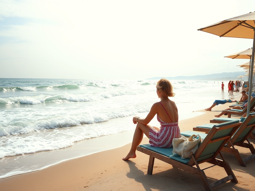 На пляже женщина сидит на шезлонге и наблюдает за волнами и прохожими. Солнечный день.