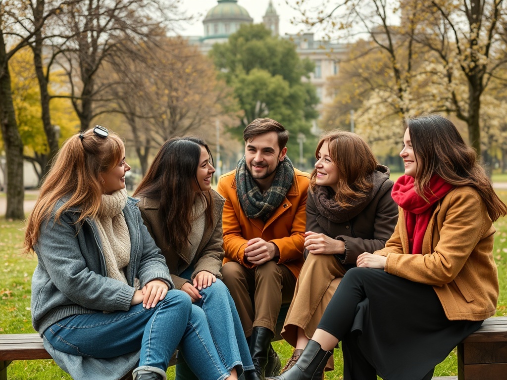 На скамейке в парке пятеро друзей весело общаются, наслаждаясь осенними пейзажами.