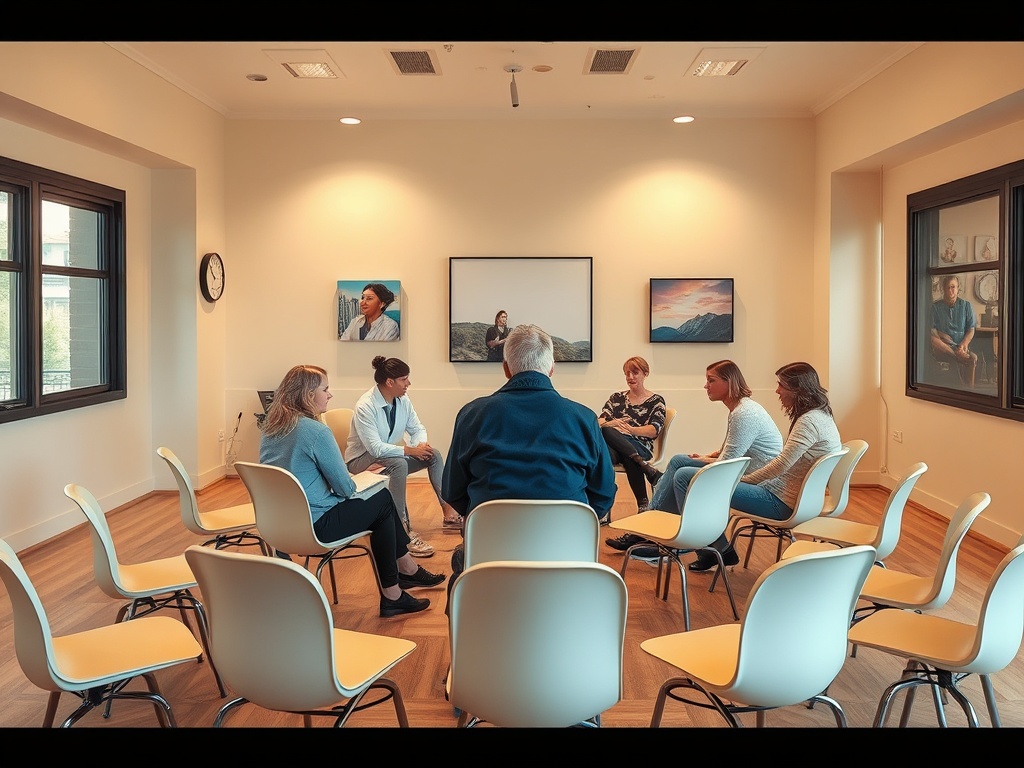 Группа людей собирается для общения в светлой комнате с креслами и картинами на стенах.