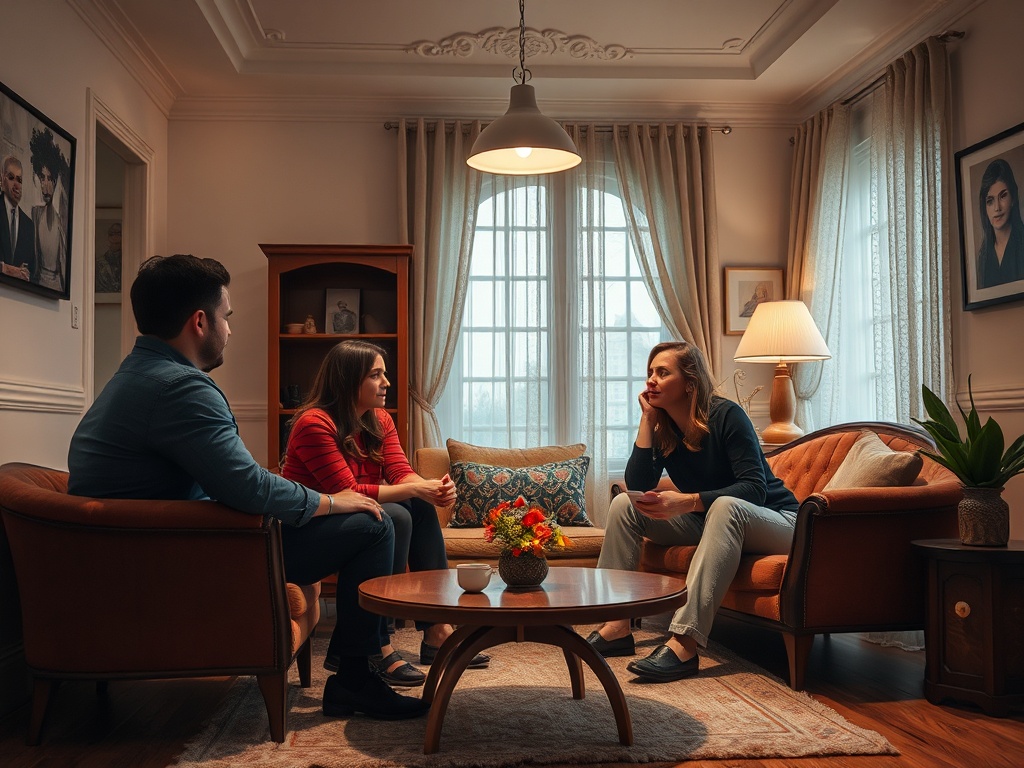 В уютной комнате двое людей беседуют с третьей, сидящей на диване и задумавшейся о чем-то важном.