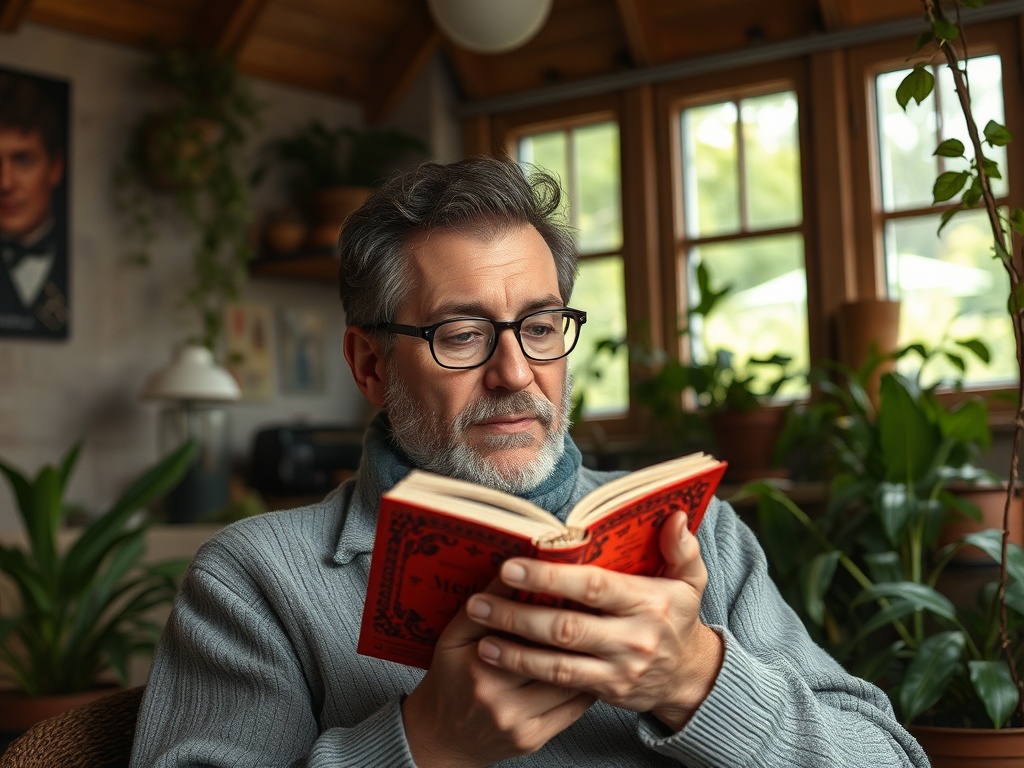 Мужчина читает книгу в уютной обстановке, окруженный зелеными растениями и мягким светом.