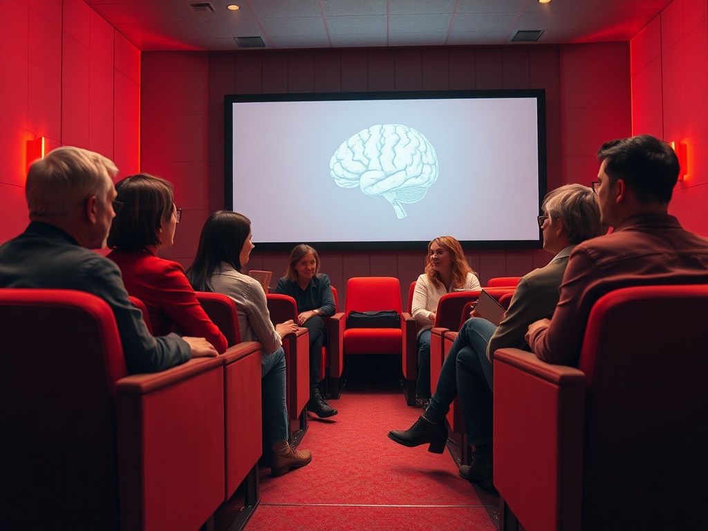 Группа людей обсуждает идеи в красном помещении с проекцией мозга на экране позади них.