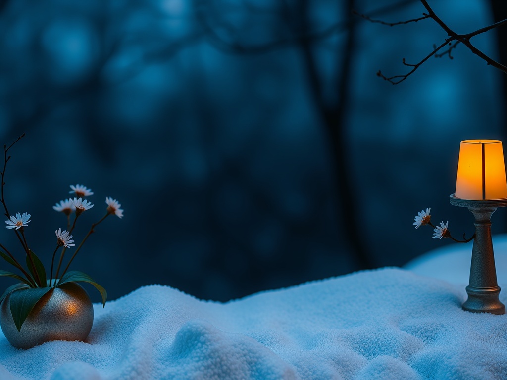 Ночной пейзаж с цветами в вазе и маленькой лампой на мягком покрове снега. Теплый свет в темноте.