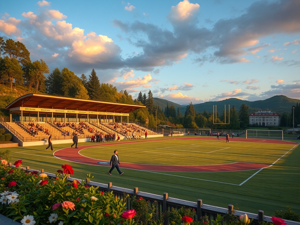 Стадион на фоне гор, заполненный зрителями, с покрытием из искусственной травы и вечерним светом.
