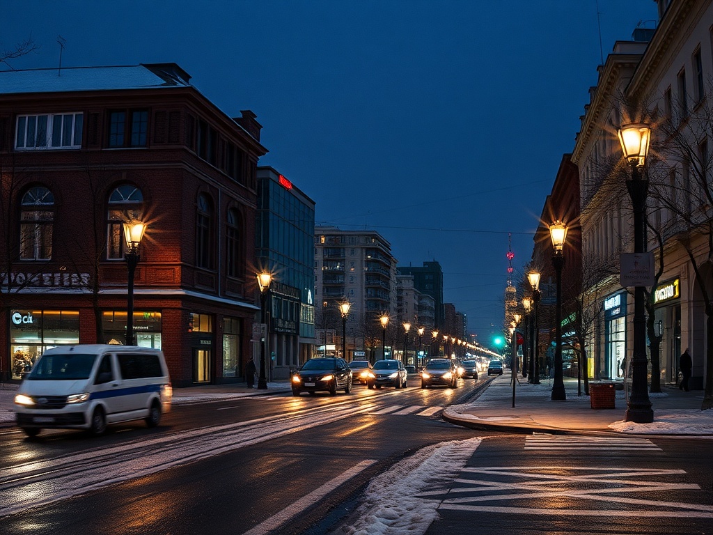 Улица с автомобильным движением, освещенная фонарями, снег на обочинах, вечернее время.