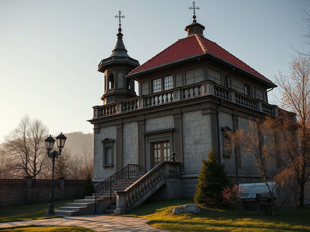 Красивая старая постройка с красной крышей, окруженная зеленью и фонарями на фоне утреннего неба.