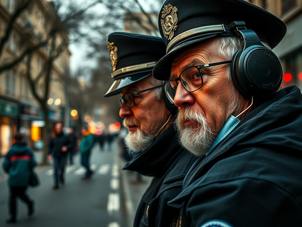 Два пожилых человека в форме полиции с наушниками, наблюдающие за прохожими на улице.