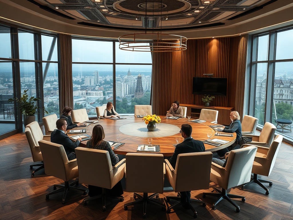 Совещание в современном конференц-зале с панорамным видом на город и круглым столом.