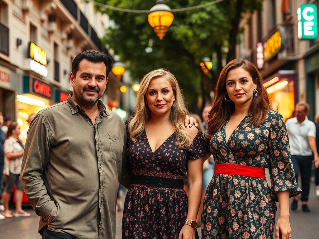 На улице стоят три человека: мужчина и две женщины, одетые в платья с цветочным принтом. Живописная атмосфера.