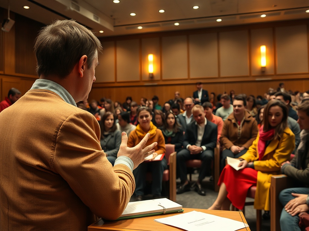 На встрече оратор выступает перед внимательной аудиторией в зале.