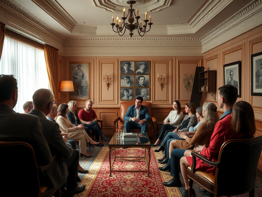 Группа людей сидит в уютном помещении, обсуждая что-то важное, рядом portraits на стенах.