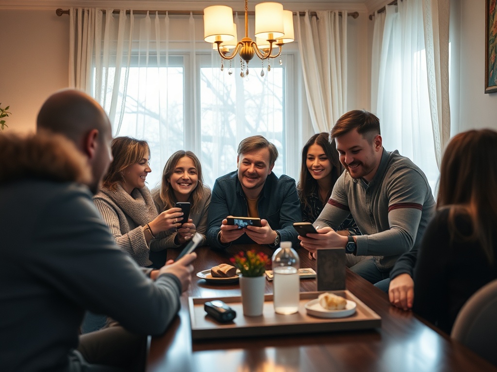 Группа друзей сидит за столом, смеется и смотрит на телефоны в уютной комнате.