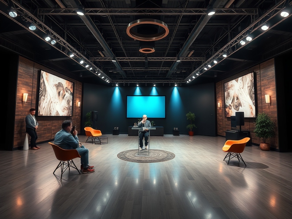 Современное помещение с столом, креслами и экранами. Люди общаются в уютной обстановке.