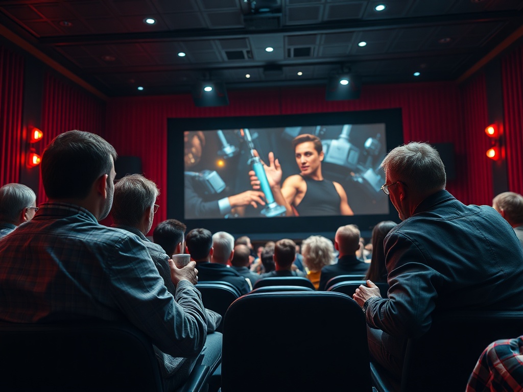 Зрители в кинотеатре смотрят фильм. На экране сцена с молодым человеком в черной футболке.