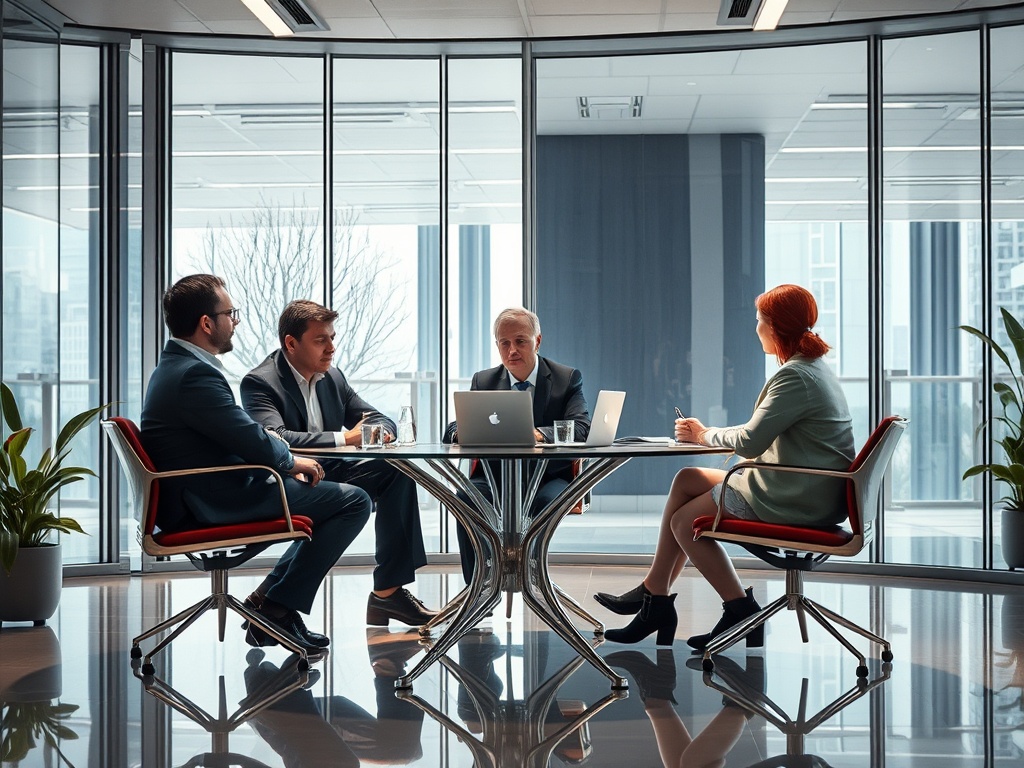 Четыре человека в костюмах обсуждают что-то за круглым столом в современном офисе. Светлое и открытое пространство.