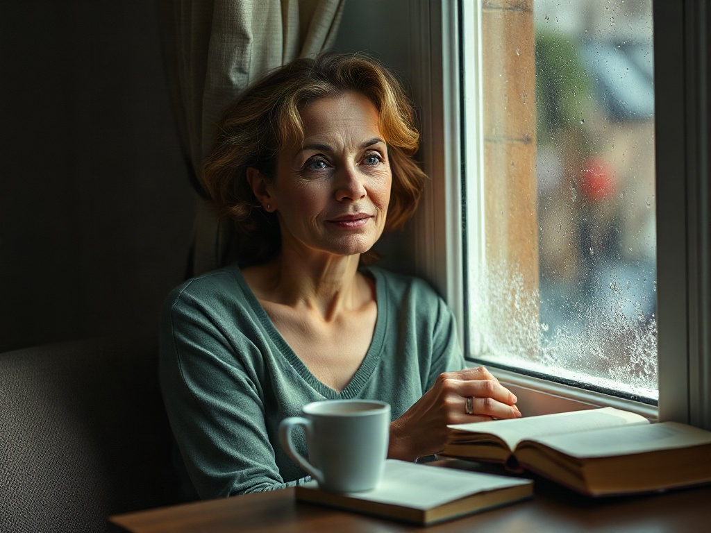 Женщина с книгой и чашкой кофе смотрит в окно, за которым идет дождь, создавая атмосферу уюта и размышлений.