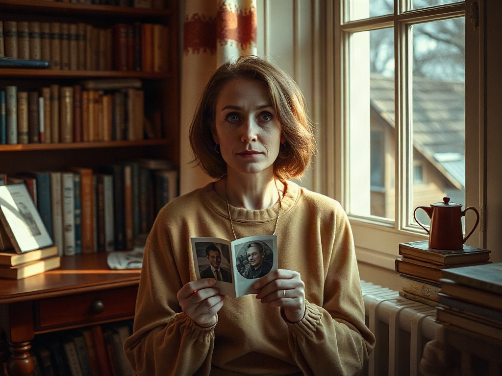 Женщина с короткой стрижкой держит в руках фотографии, сидя у окна на фоне книжной полки.