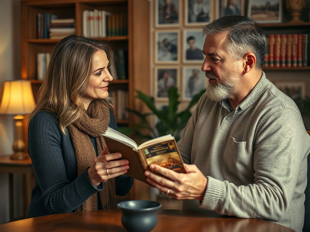 Пара сидит за столом, рассматривая книгу, окруженная уютной атмосферой и книжными полками.